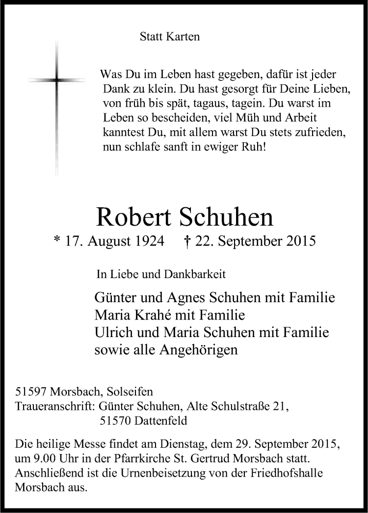 Traueranzeige für Robert Schuhen vom 25.09.2015 aus Kölner Stadt-Anzeiger / Kölnische Rundschau / Express