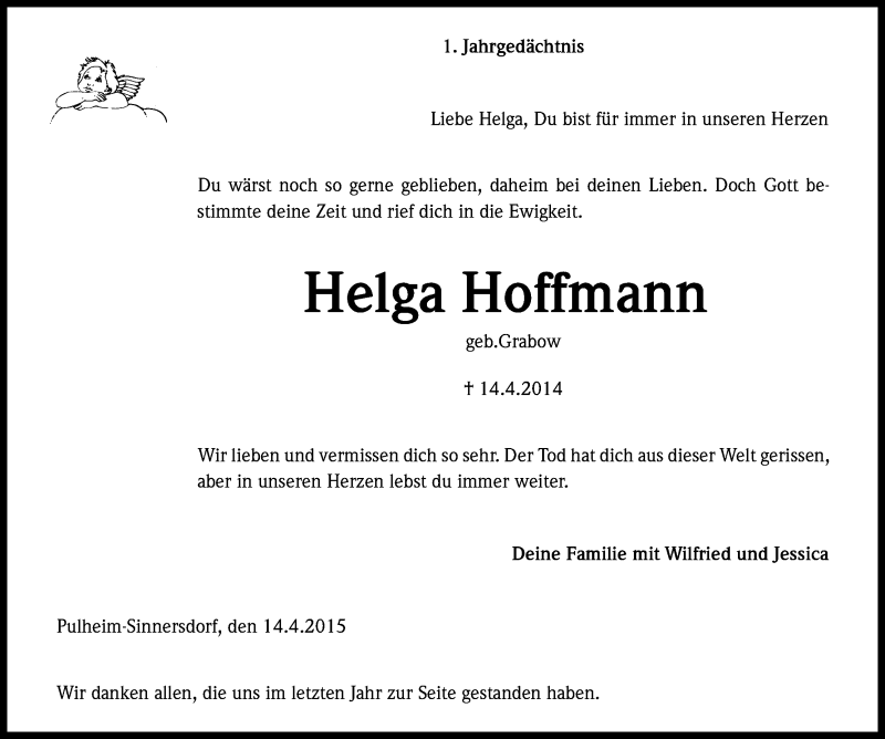  Traueranzeige für Helga Hoffmann vom 14.04.2015 aus Kölner Stadt-Anzeiger / Kölnische Rundschau / Express