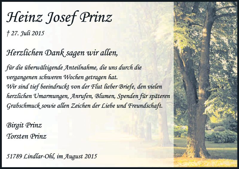 Traueranzeige für Heinz Josef Prinz vom 29.08.2015 aus Kölner Stadt-Anzeiger / Kölnische Rundschau / Express