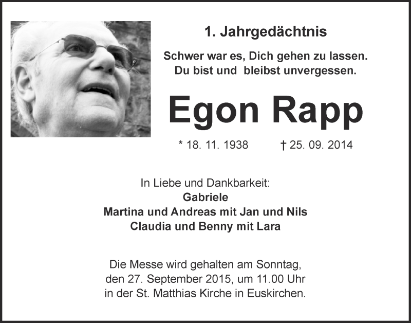  Traueranzeige für Egon Rapp vom 20.09.2015 aus  Blickpunkt Euskirchen 