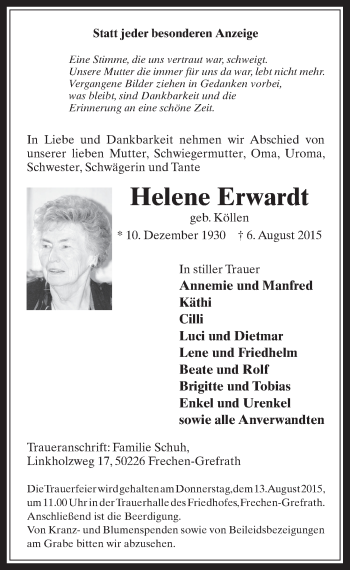 Anzeige von Helene Erwardt von  Wochenende 