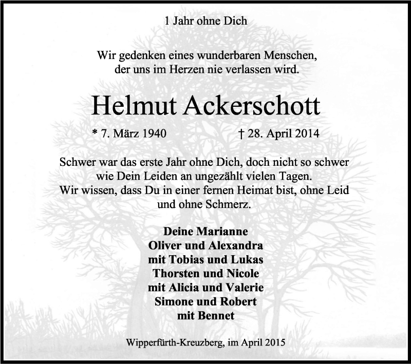  Traueranzeige für Helmut Ackerschott vom 28.04.2015 aus Kölner Stadt-Anzeiger / Kölnische Rundschau / Express