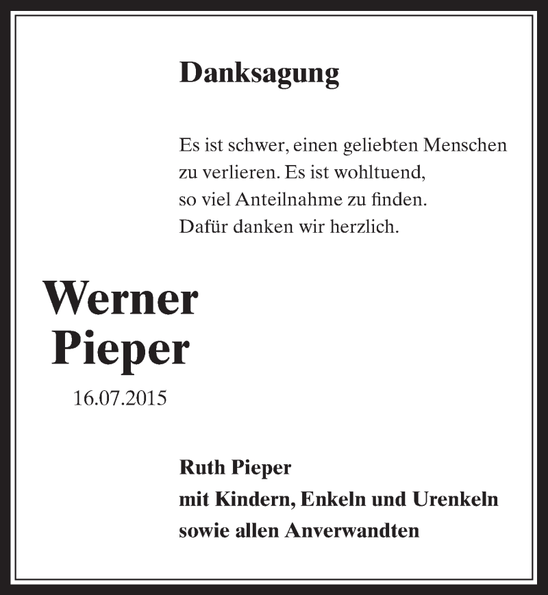  Traueranzeige für Werner Pieper vom 05.08.2015 aus  Wochenende 