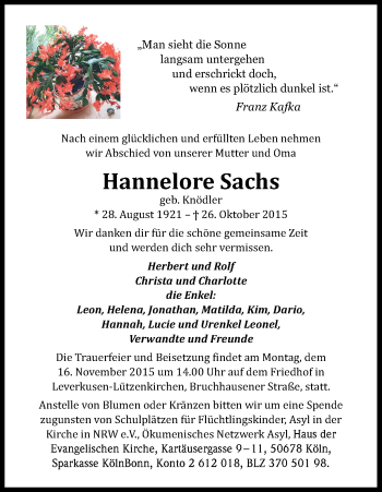 Anzeige von Hannelore Sachs von Kölner Stadt-Anzeiger / Kölnische Rundschau / Express