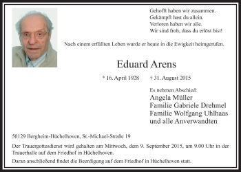 Anzeige von Eduard Arens von  Sonntags-Post 
