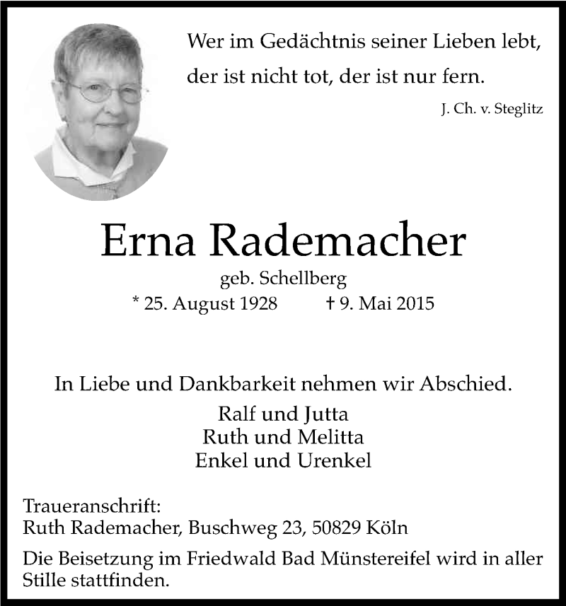  Traueranzeige für Erna Rademacher vom 16.05.2015 aus Kölner Stadt-Anzeiger / Kölnische Rundschau / Express