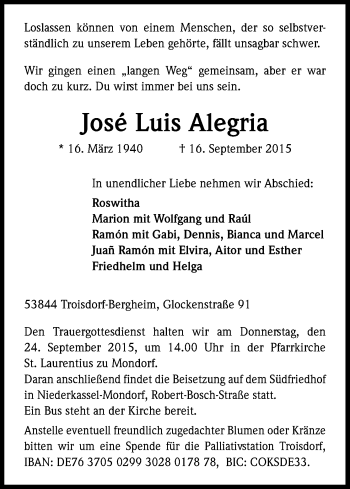 Anzeige von José Luis Alegria von Kölner Stadt-Anzeiger / Kölnische Rundschau / Express