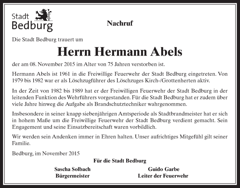  Traueranzeige für Hermann Abels vom 18.11.2015 aus  Werbepost 