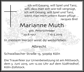 Anzeige von Marianne Muth von Kölner Stadt-Anzeiger / Kölnische Rundschau / Express
