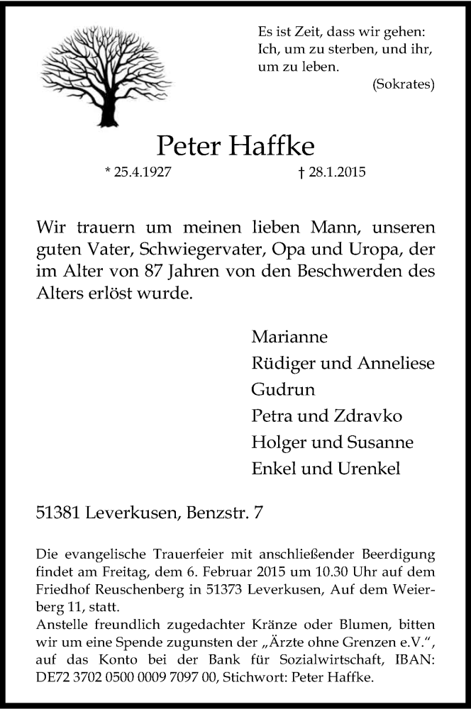 Traueranzeige für Peter Haffke vom 04.02.2015 aus Kölner Stadt-Anzeiger / Kölnische Rundschau / Express