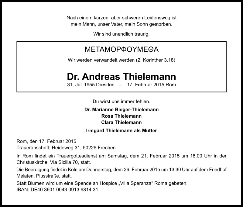  Traueranzeige für Andreas Thielemann vom 21.02.2015 aus Kölner Stadt-Anzeiger / Kölnische Rundschau / Express