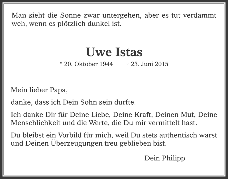  Traueranzeige für Uwe Istas vom 01.07.2015 aus  Werbepost 