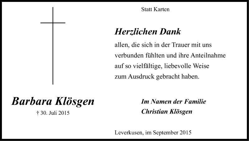  Traueranzeige für Barbara Klösgen vom 17.09.2015 aus Kölner Stadt-Anzeiger / Kölnische Rundschau / Express