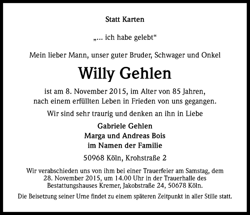  Traueranzeige für Willy Gehlen vom 21.11.2015 aus Kölner Stadt-Anzeiger / Kölnische Rundschau / Express
