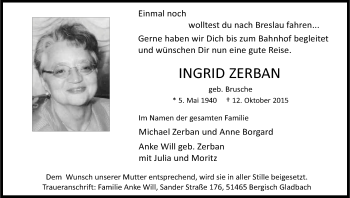Anzeige von Ingrid Zerban von Kölner Stadt-Anzeiger / Kölnische Rundschau / Express