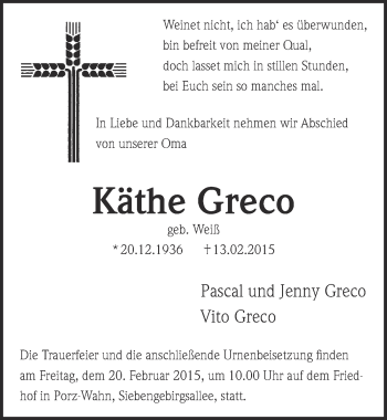 Anzeige von Käthe Greco von  Kölner Wochenspiegel 