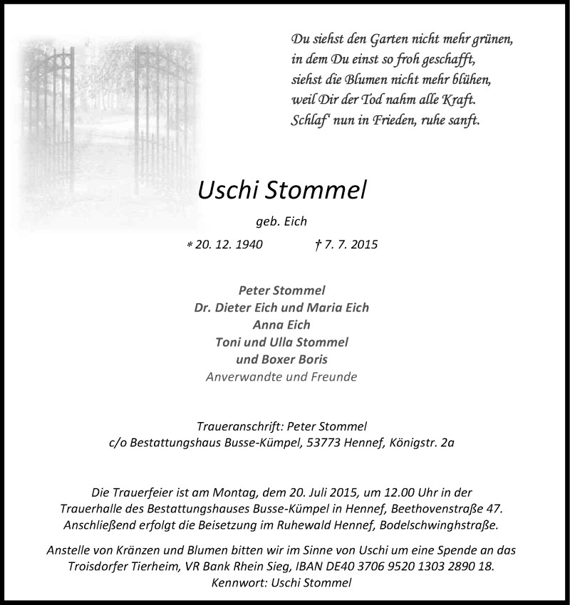  Traueranzeige für Uschi Stommel vom 15.07.2015 aus Kölner Stadt-Anzeiger / Kölnische Rundschau / Express