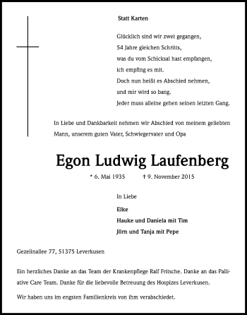 Anzeige von Egon Ludwig Laufenberg von Kölner Stadt-Anzeiger / Kölnische Rundschau / Express