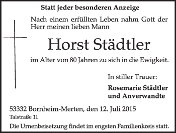 Anzeige von Horst Städtler von  Schlossbote/Werbekurier 