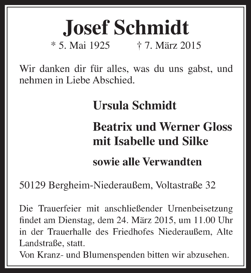  Traueranzeige für Josef Schmidt vom 18.03.2015 aus  Werbepost 