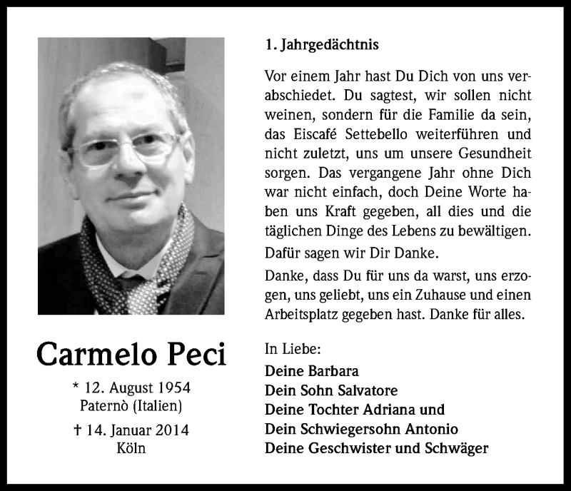  Traueranzeige für Carmelo Peci vom 24.01.2015 aus Kölner Stadt-Anzeiger / Kölnische Rundschau / Express