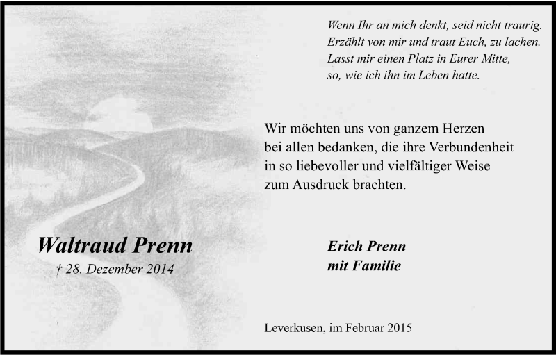  Traueranzeige für Waltraud Prenn vom 14.02.2015 aus Kölner Stadt-Anzeiger / Kölnische Rundschau / Express