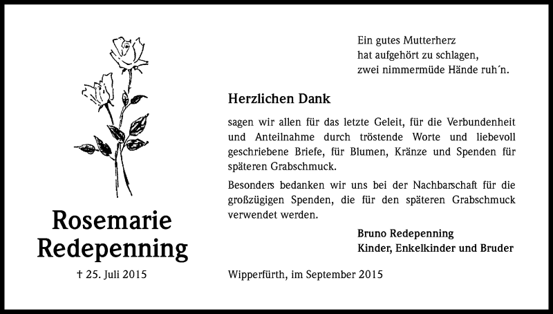  Traueranzeige für Rosemarie Redepenning vom 12.09.2015 aus Kölner Stadt-Anzeiger / Kölnische Rundschau / Express