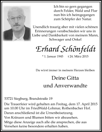 Anzeige von Erhard Schönfeldt von Kölner Stadt-Anzeiger / Kölnische Rundschau / Express