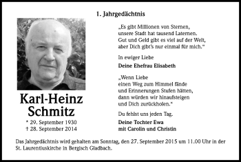 Anzeige von Karl Heinz Schmitz von Kölner Stadt-Anzeiger / Kölnische Rundschau / Express