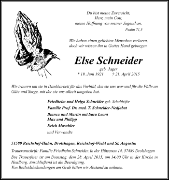 Anzeige von Else Schneider von Kölner Stadt-Anzeiger / Kölnische Rundschau / Express