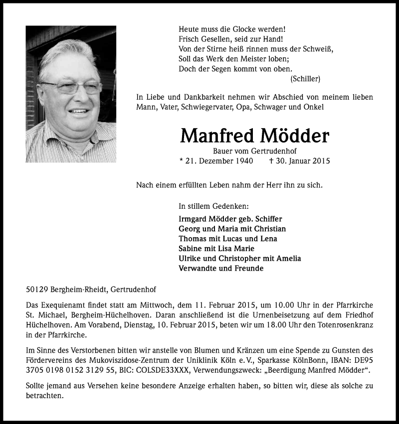  Traueranzeige für Manfred Mödder vom 07.02.2015 aus Kölner Stadt-Anzeiger / Kölnische Rundschau / Express
