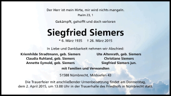 Anzeige von Siegfried Siemers von Kölner Stadt-Anzeiger / Kölnische Rundschau / Express