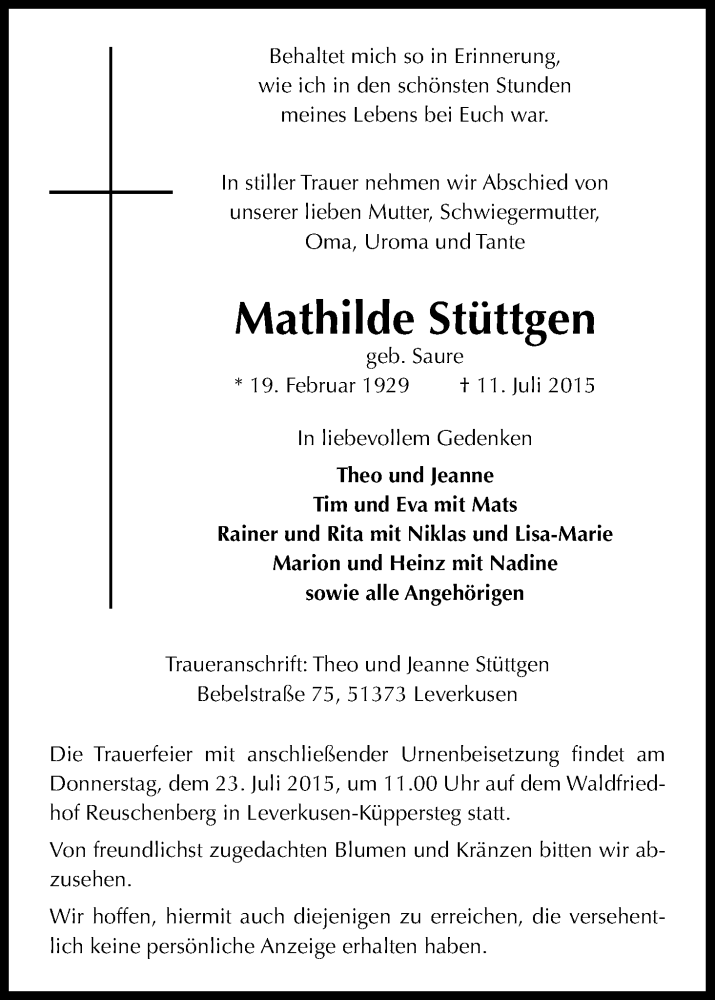  Traueranzeige für Mathilde Stüttgen vom 18.07.2015 aus Kölner Stadt-Anzeiger / Kölnische Rundschau / Express