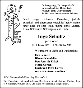 Anzeige von Inge Schultz von Kölner Stadt-Anzeiger / Kölnische Rundschau / Express