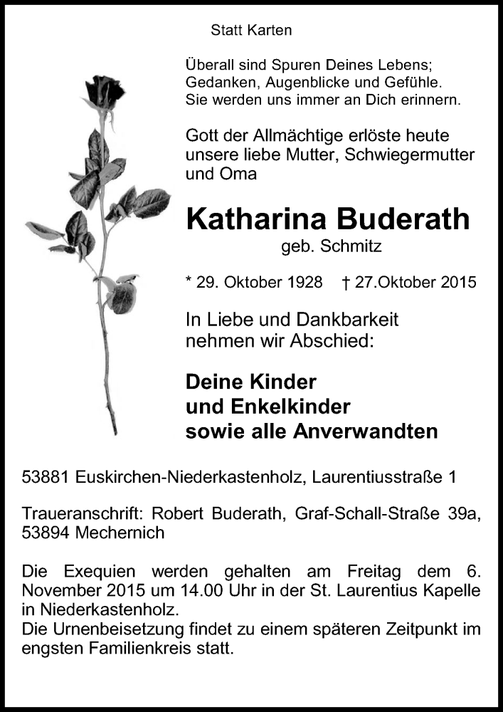  Traueranzeige für Katharina Buderath vom 01.11.2015 aus  Blickpunkt Euskirchen 
