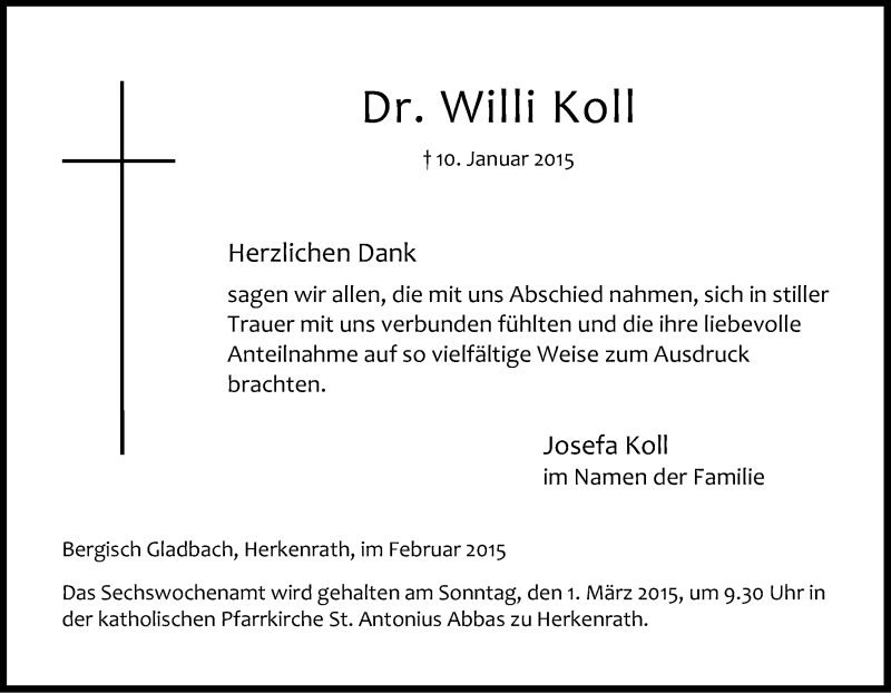  Traueranzeige für Willi Koll vom 21.02.2015 aus Kölner Stadt-Anzeiger / Kölnische Rundschau / Express