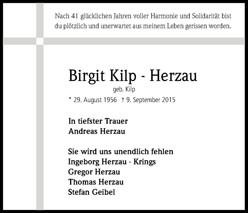  Traueranzeige für Birgit Kilp-Herzau vom 19.09.2015 aus Kölner Stadt-Anzeiger / Kölnische Rundschau / Express