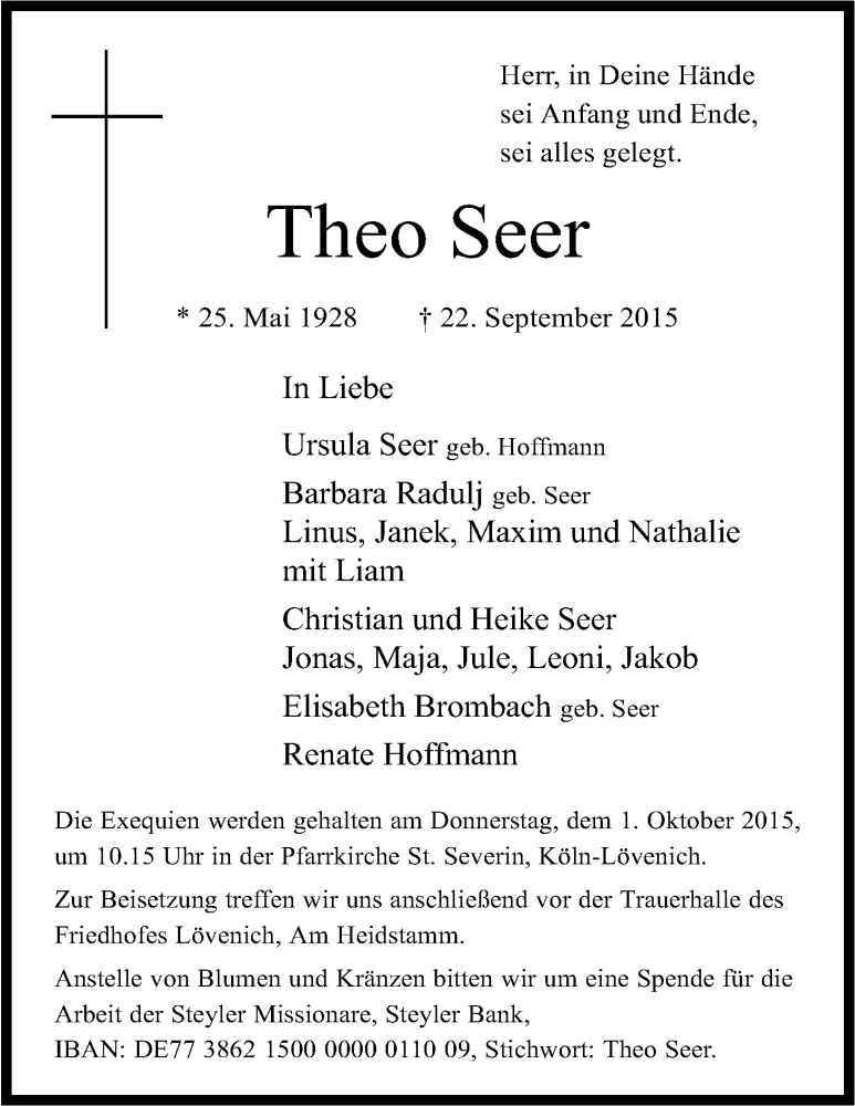  Traueranzeige für Theo Seer vom 26.09.2015 aus Kölner Stadt-Anzeiger / Kölnische Rundschau / Express