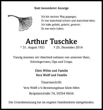Anzeige von Arthur Tuschke von Kölner Stadt-Anzeiger / Kölnische Rundschau / Express