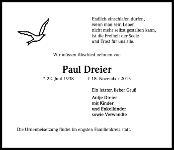 Anzeige von Paul Dreier von Kölner Stadt-Anzeiger / Kölnische Rundschau / Express