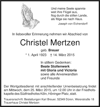 Anzeige von Christel Mertzen von Kölner Stadt-Anzeiger / Kölnische Rundschau / Express