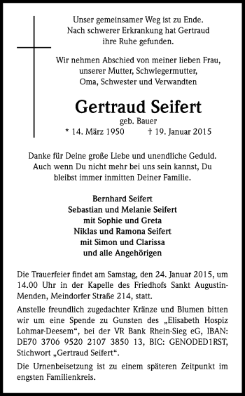 Anzeige von Gertraud Seifert von Kölner Stadt-Anzeiger / Kölnische Rundschau / Express