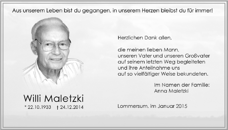  Traueranzeige für Willi Maletzki vom 15.02.2015 aus  Blickpunkt Euskirchen 