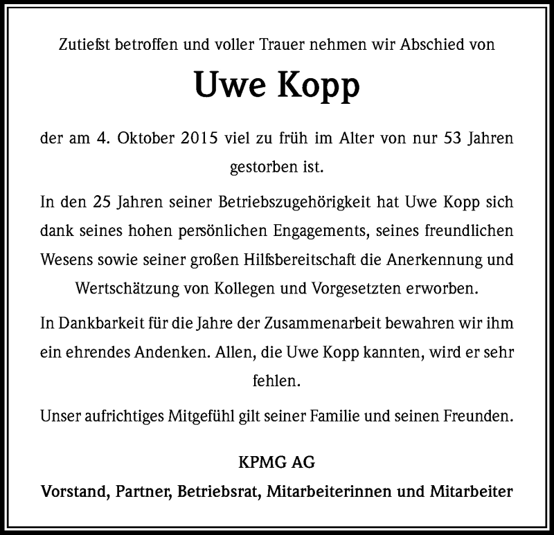  Traueranzeige für Uwe Kopp vom 10.10.2015 aus Kölner Stadt-Anzeiger / Kölnische Rundschau / Express