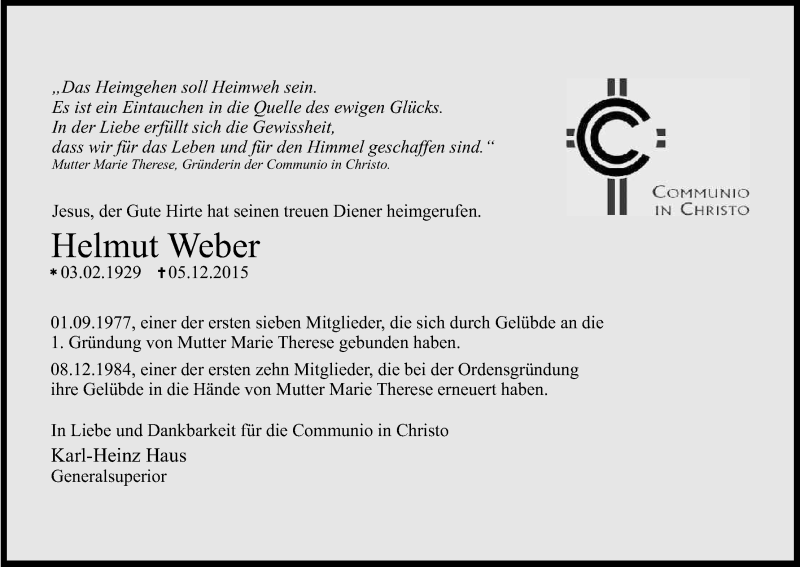  Traueranzeige für Helmut Weber vom 09.12.2015 aus Kölner Stadt-Anzeiger / Kölnische Rundschau / Express