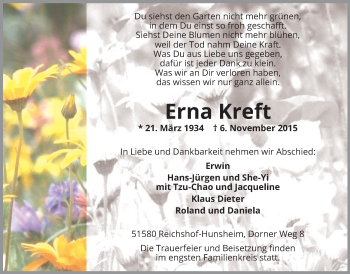 Anzeige von Erna Kreft von  Anzeigen Echo 