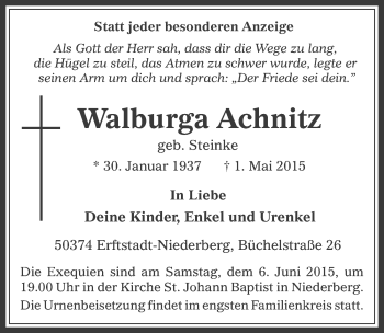 Anzeige von Walburga Achnitz von  Werbepost 