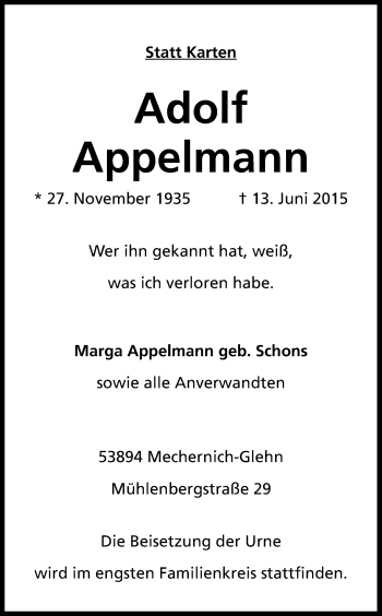 Anzeige von Adolf Appelmann von Kölner Stadt-Anzeiger / Kölnische Rundschau / Express