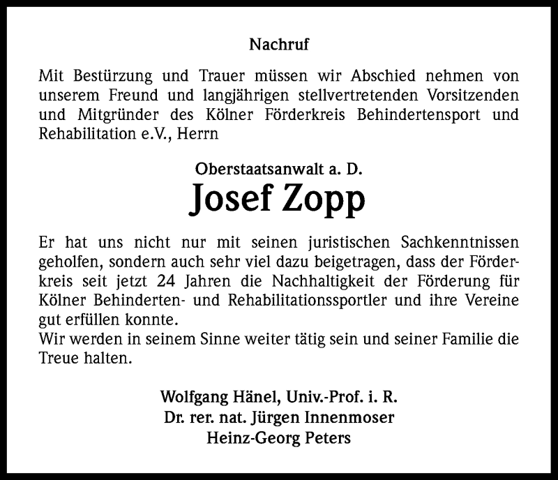  Traueranzeige für Josef Zopp vom 23.05.2015 aus Kölner Stadt-Anzeiger / Kölnische Rundschau / Express