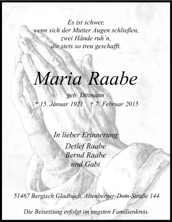 Anzeige von Maria Raabe von Kölner Stadt-Anzeiger / Kölnische Rundschau / Express